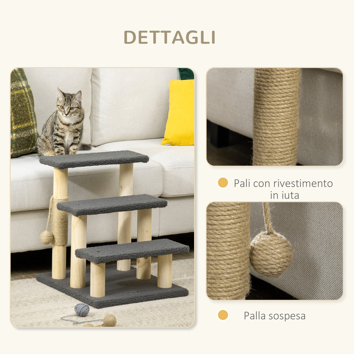 easycomfort easycomfort tiragraffi scaletta per gatti a 3 livelli pali in juta e pallina 45x40x48cm grigio