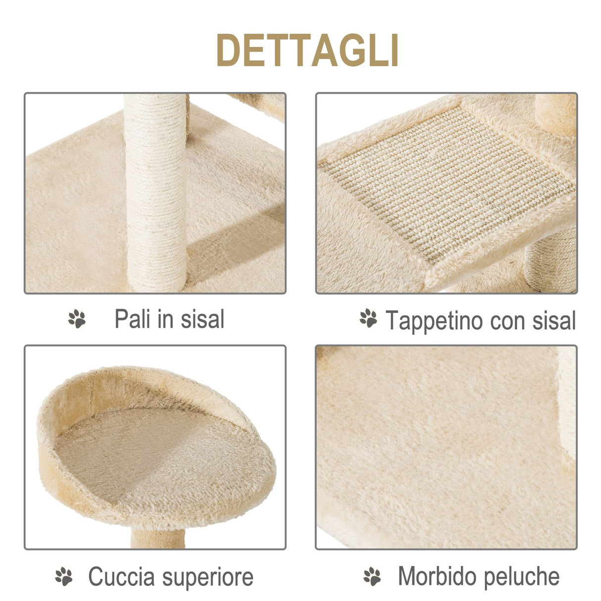 easycomfort easycomfort trespolo per gatti multilivello con tiragraffi in sisal con piattaforme e cuccia in peluche beige 50x50x100cm