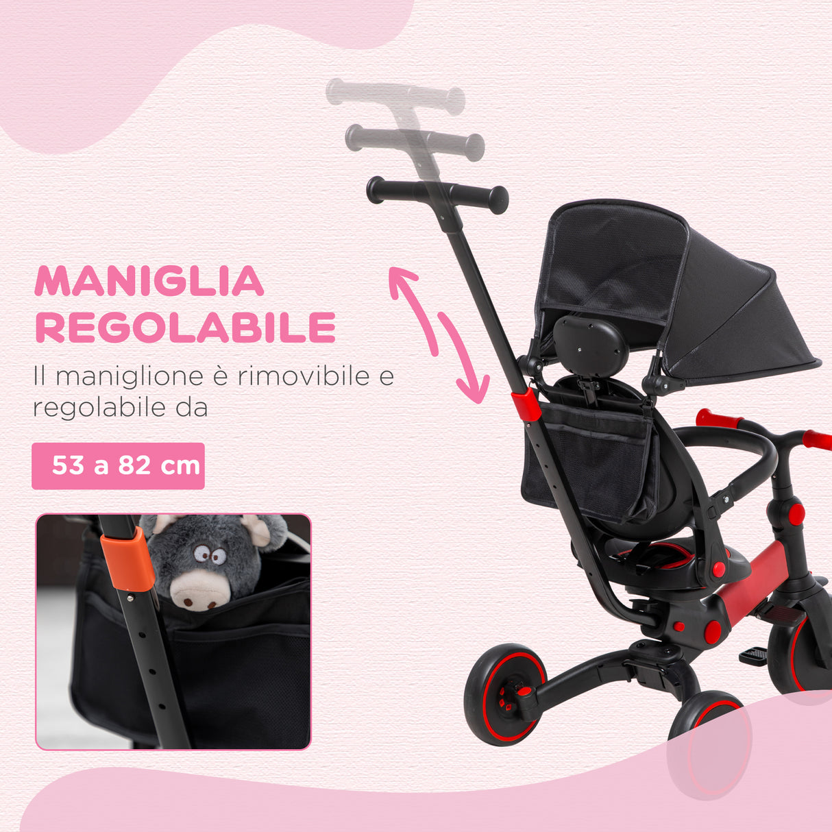 easycomfort easycomfort triciclo per bambini con maniglione 3 in 1 e tettuccio regolabile eta 18 48 mesi rosso
