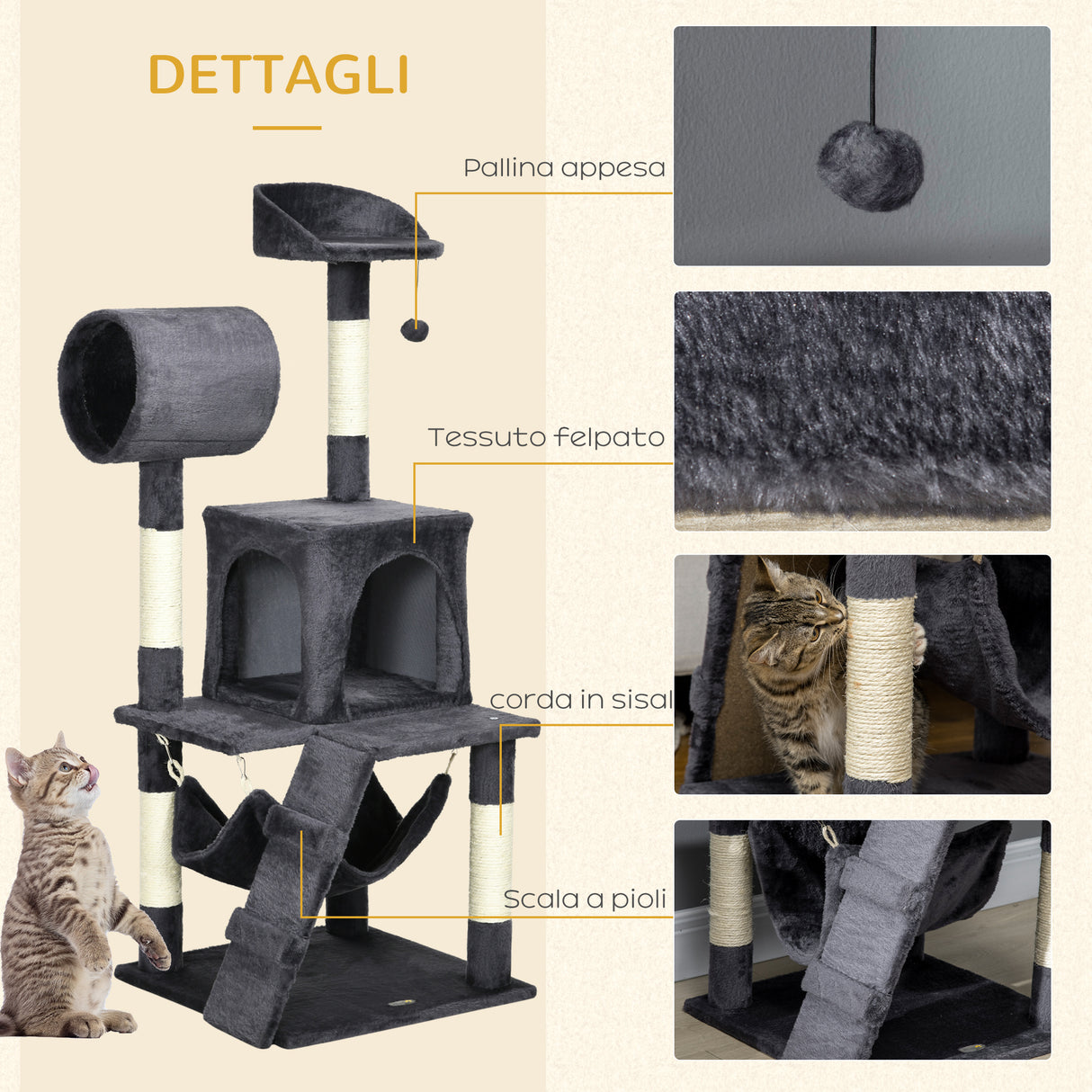 easycomfort easycomfort albero per gatti con tiragraffi per gatti casetta per gatti amaca letto tunnel e pallina 48x48 x125 cm grigio scuro