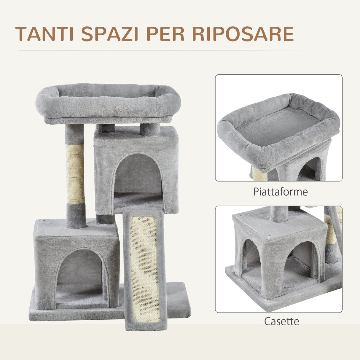 easycomfort easycomfort albero tiragraffi per gatti con pali in sisal lettino e 2 casette 59x39x83cm grigio