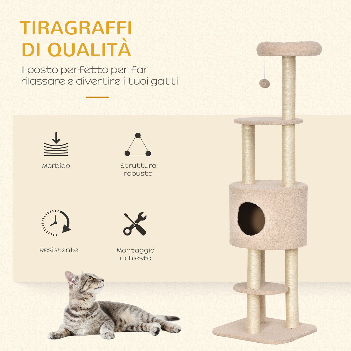 easycomfort easycomfort albero tiragraffi robusto per gatti con 5 livelli cuccia casetta giochi e corda sisal beige max 30kg ean 8054111847629