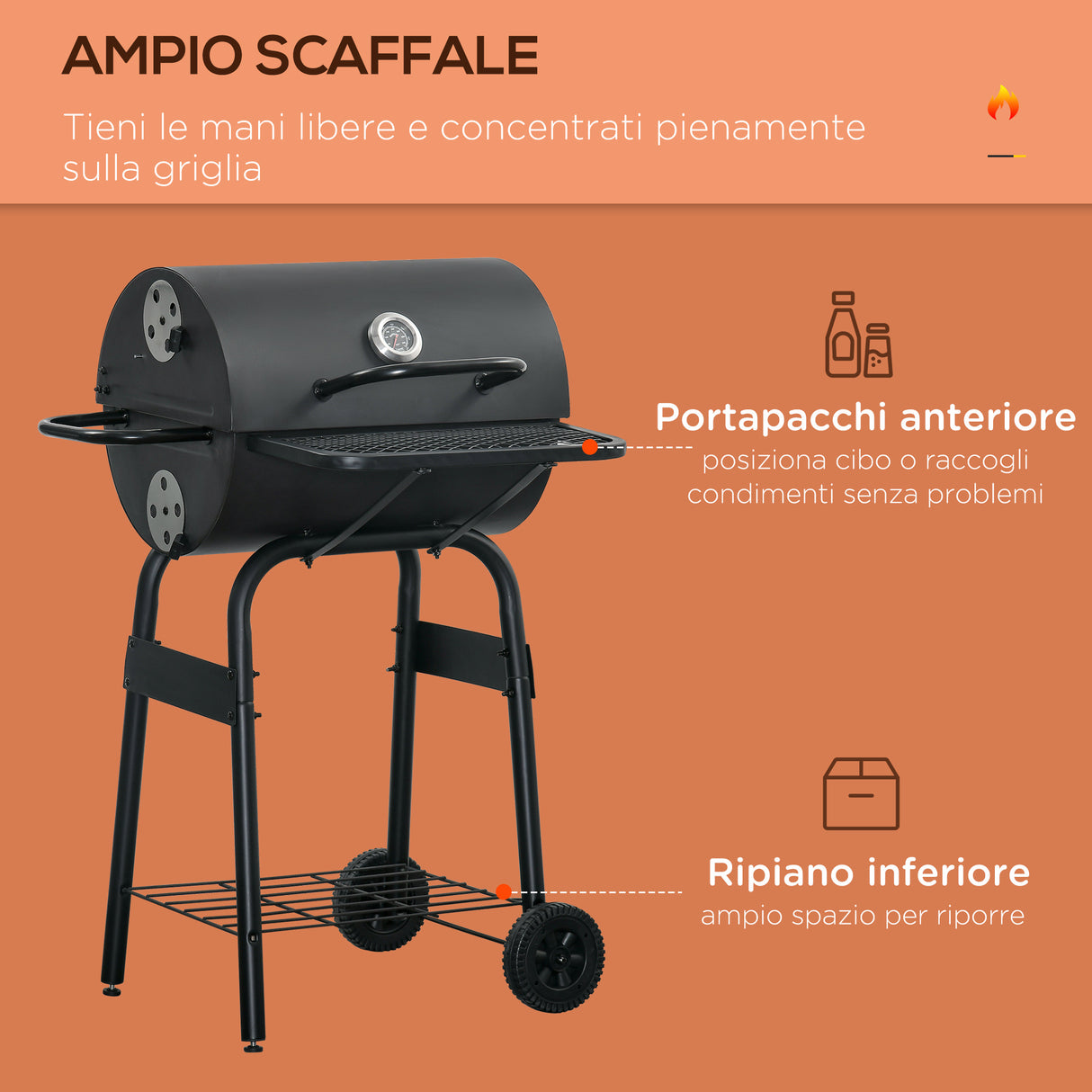 easycomfort easycomfort barbecue a carbone con coperchio termometro mensole e ruote 68x63x102cm nero