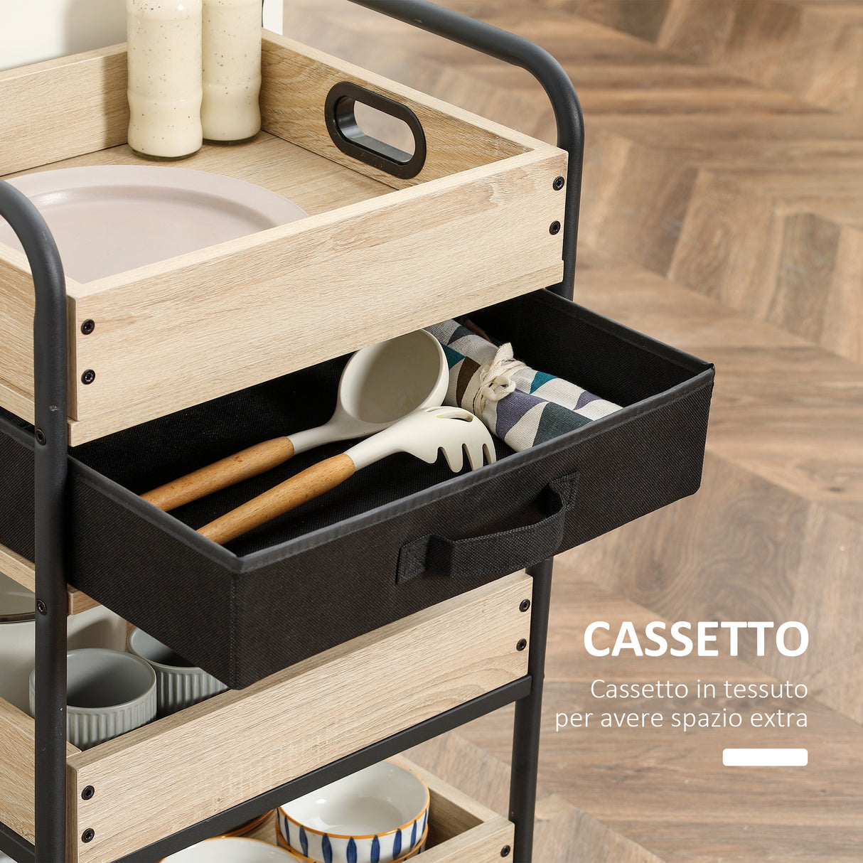 easycomfort easycomfort carrello da cucina a 4 livelli con cassetto e vassoi portavivande legno e acciaio 45x35x79 5cm