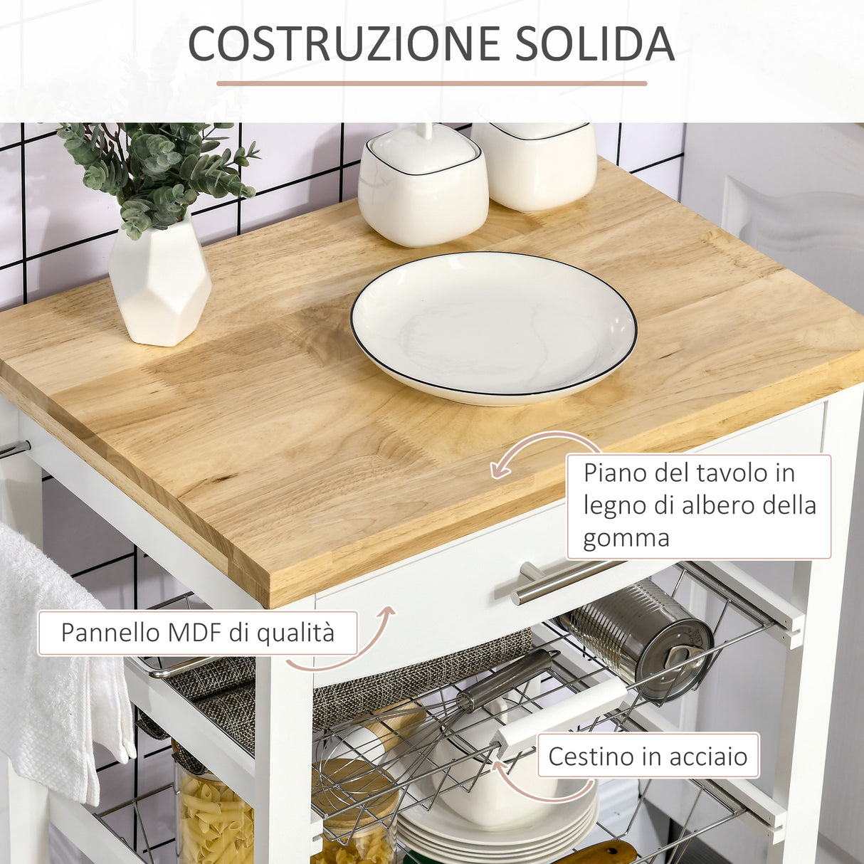 easycomfort easycomfort carrello da cucina con cassetto cestini e ruote girevoli 63x40x86cm bianco