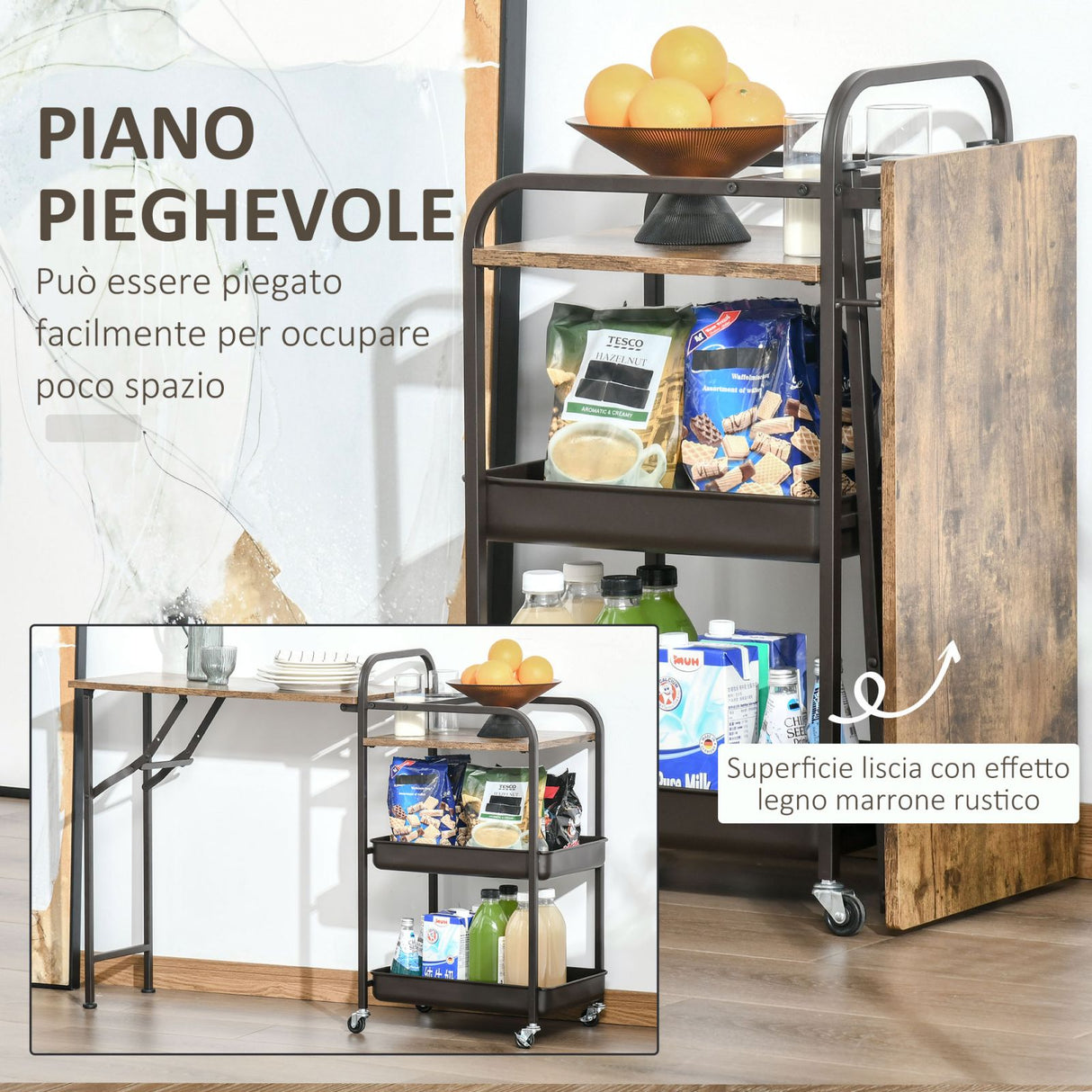 easycomfort easycomfort carrello da cucina con ripiano pieghevole e ruote marrone