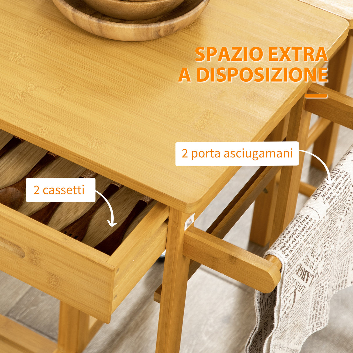 easycomfort easycomfort carrello da cucina con tavolino pieghevole e 2 sgabelli ruote e cassetti in legno di bambu