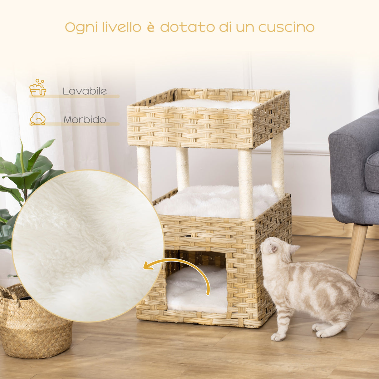 easycomfort easycomfort casetta per gatti a 3 livelli in rattan pe con cuscini lavabili in peluche 40x40x70cm legno