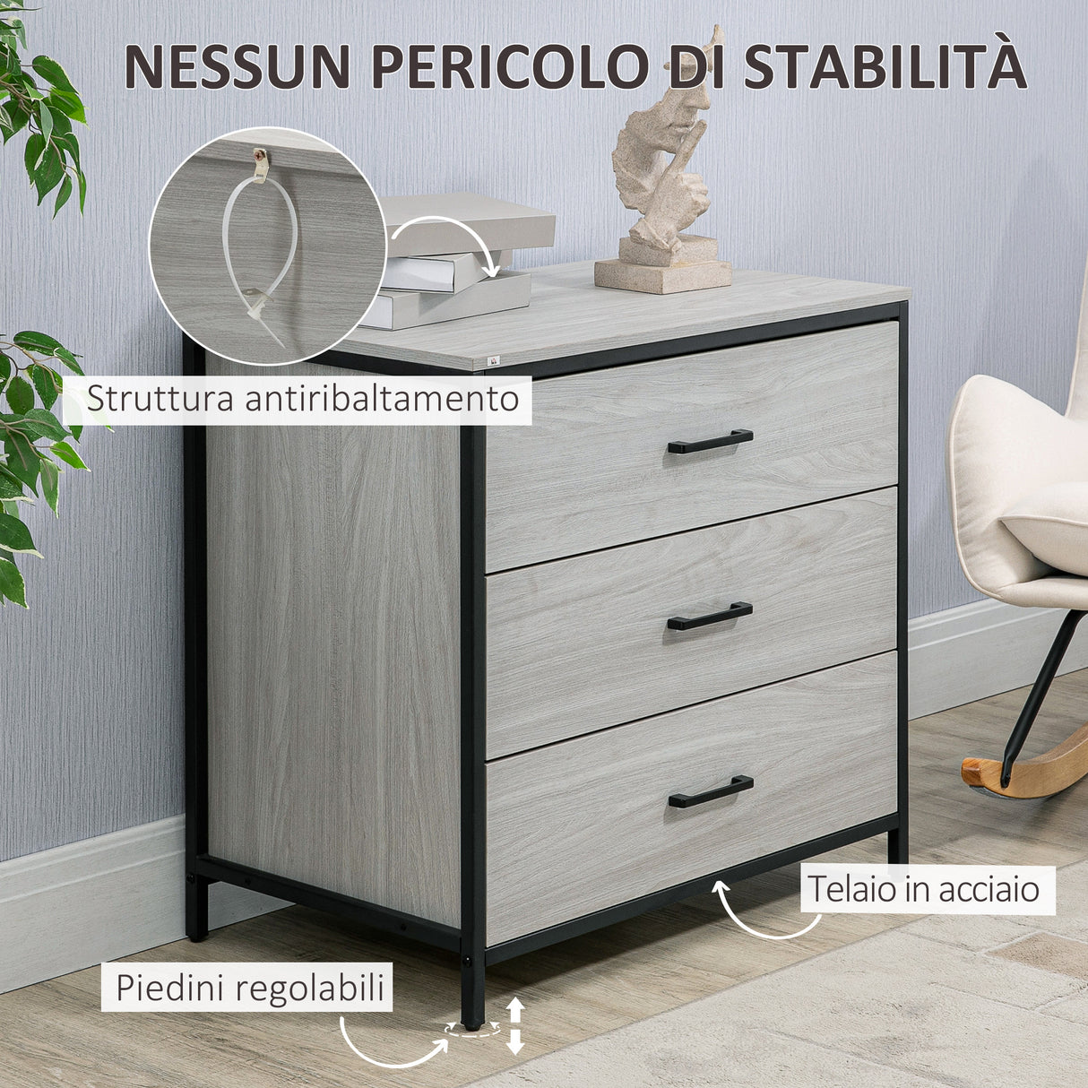 easycomfort easycomfort cassettiera con 3 cassetti in legno e acciaio per camera e soggiorno 80x48x78cm grigio chiaro