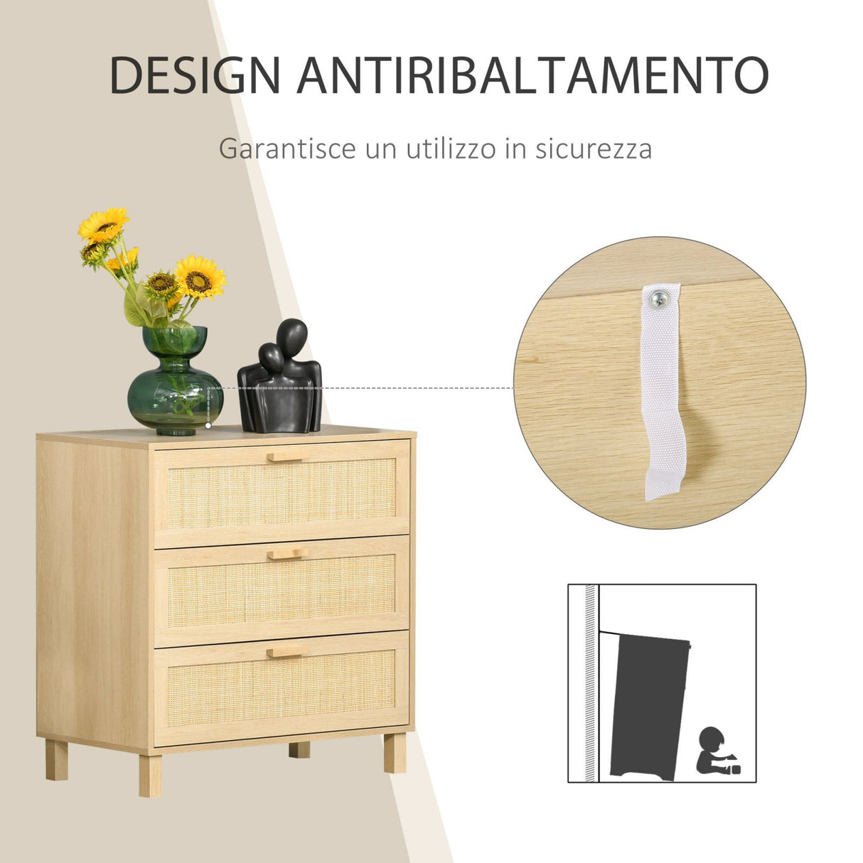 easycomfort easycomfort cassettiera con 3 cassetti in rattan color legno naturale 80x40x80cm