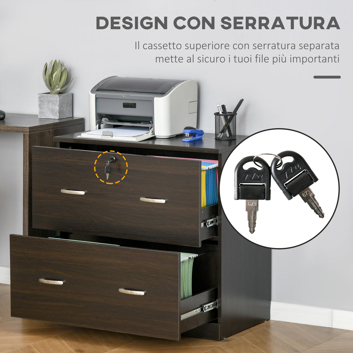 easycomfort easycomfort cassettiera ufficio in legno con 2 cassetti serratura e 2 chiavi color noce