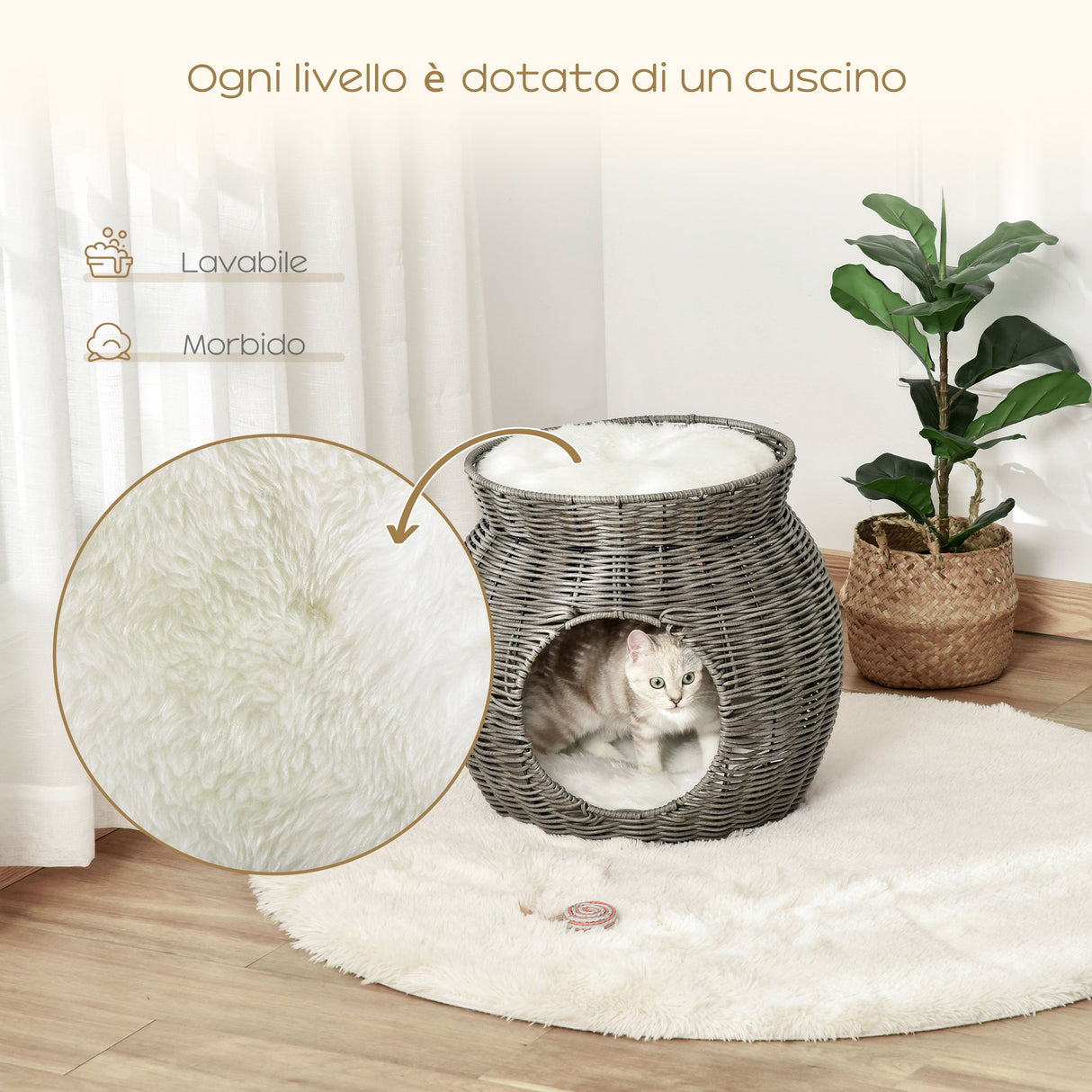 easycomfort easycomfort cesta per gatti a 2 livelli in rattan pe con cuscini lavabili in peluche 50x43 5cm grigio scuro