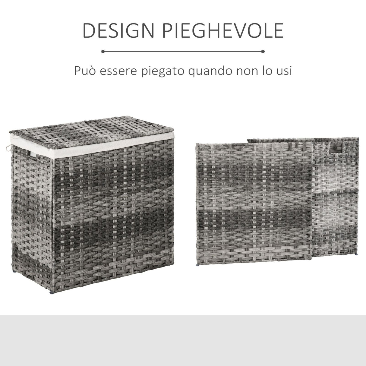 easycomfort easycomfort cesto portabiancheria pieghevole con coperchio in rattan pe e sacco in policotone 57x34x60cm grigio ean 8054144133379