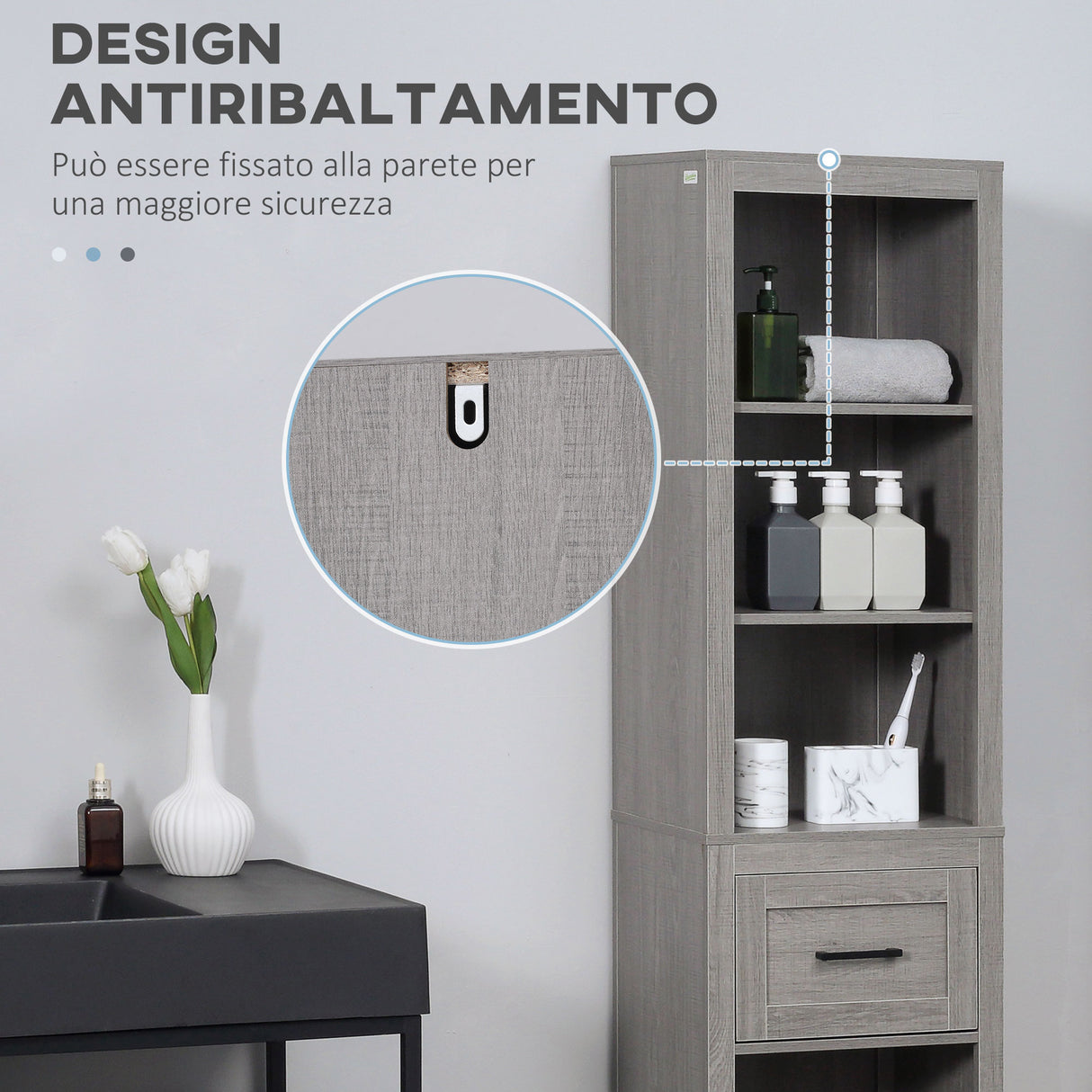 easycomfort easycomfort colonna bagno in truciolato con 5 ripiani aperti e un cassetto 42x30x170 cm grigio