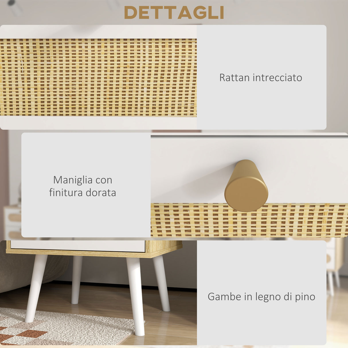 easycomfort easycomfort comodino con cassetti set 2 pezzi in truciolato e mdf in stile boho 40x40x55 cm rovere e bianco