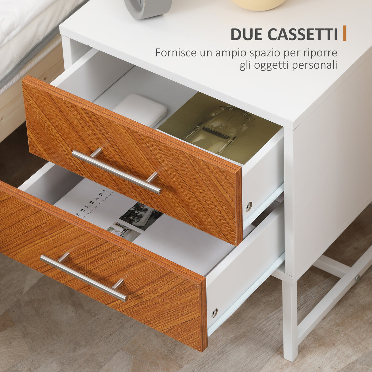 easycomfort easycomfort comodino moderno a 2 cassetti in metallo e legno 40x39x48cm marrone e bianco