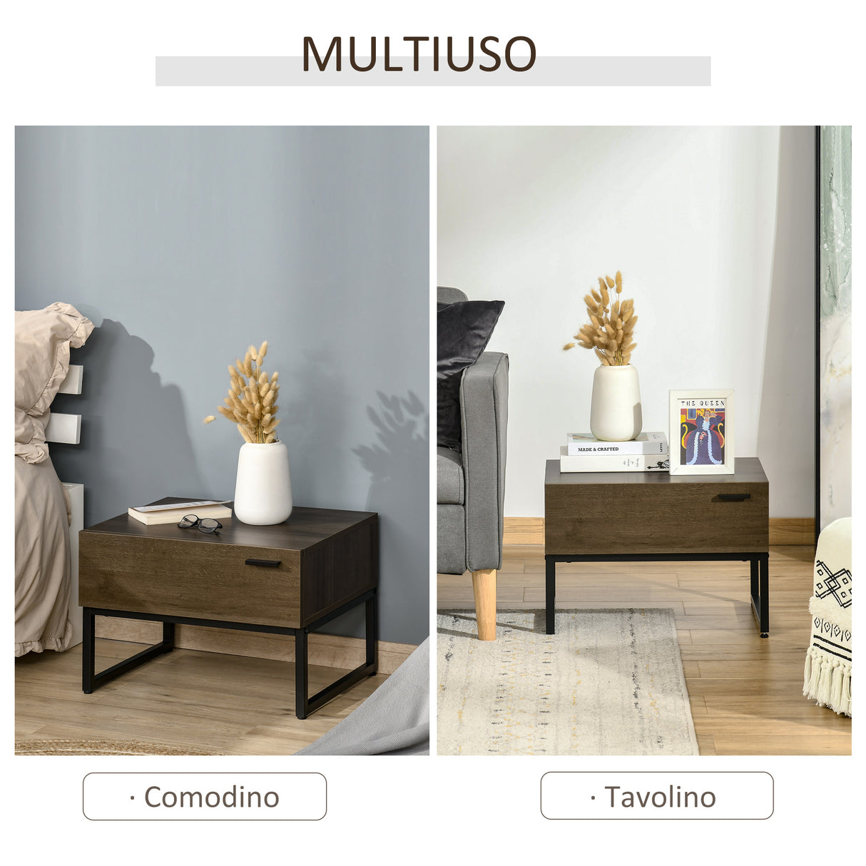 easycomfort easycomfort comodino stile industriale con cassetto tavolino da salotto in legno e acciaio 53x41 5x37cm grigio