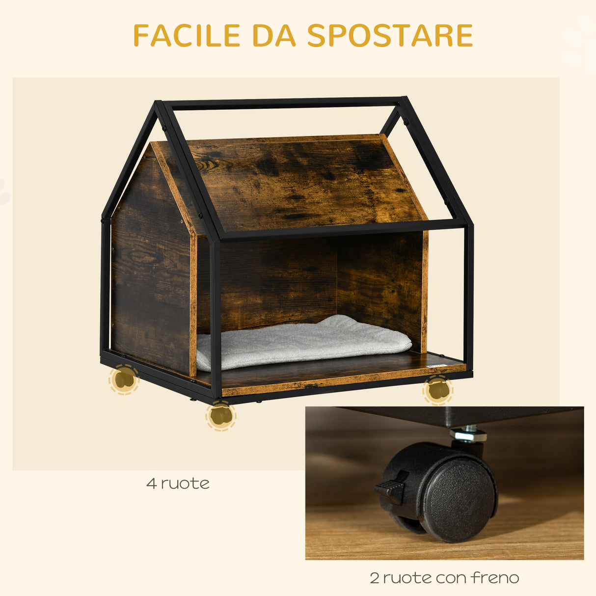 easycomfort easycomfort cuccia per gatti da interno con cuscino lavabile casetta per gatti in legno e acciaio stile industriale con 4 ruote marrone rustico