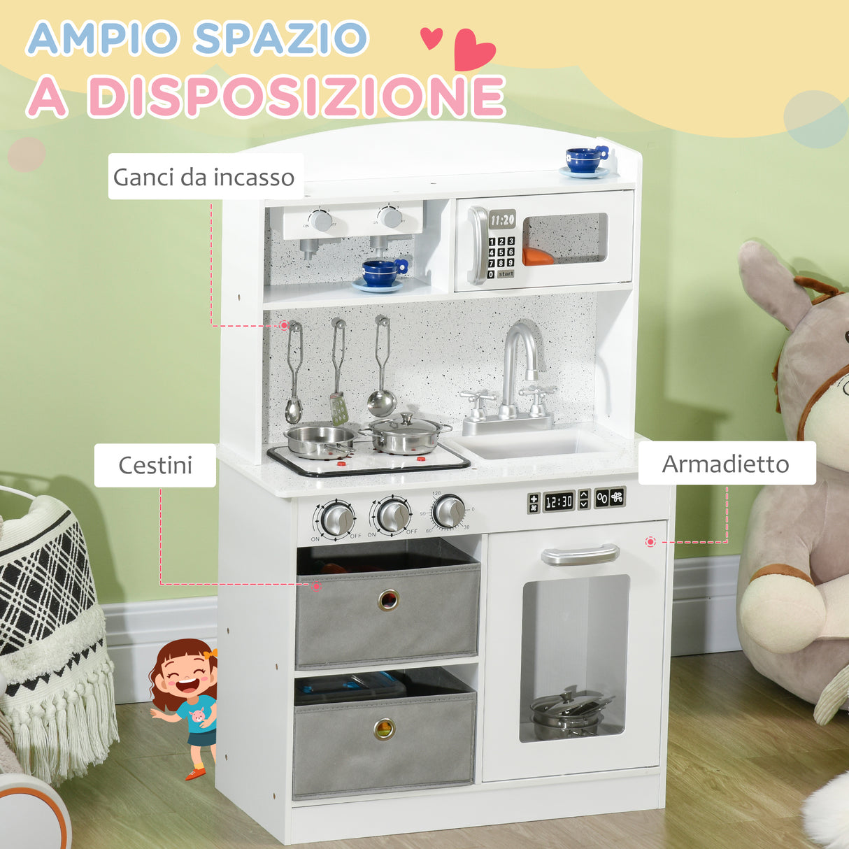 easycomfort easycomfort cucina giocattolo per bambini 3 6 anni con luci e accessori realistici in mdf e pp 60 1x31 7x92 9 cm bianca