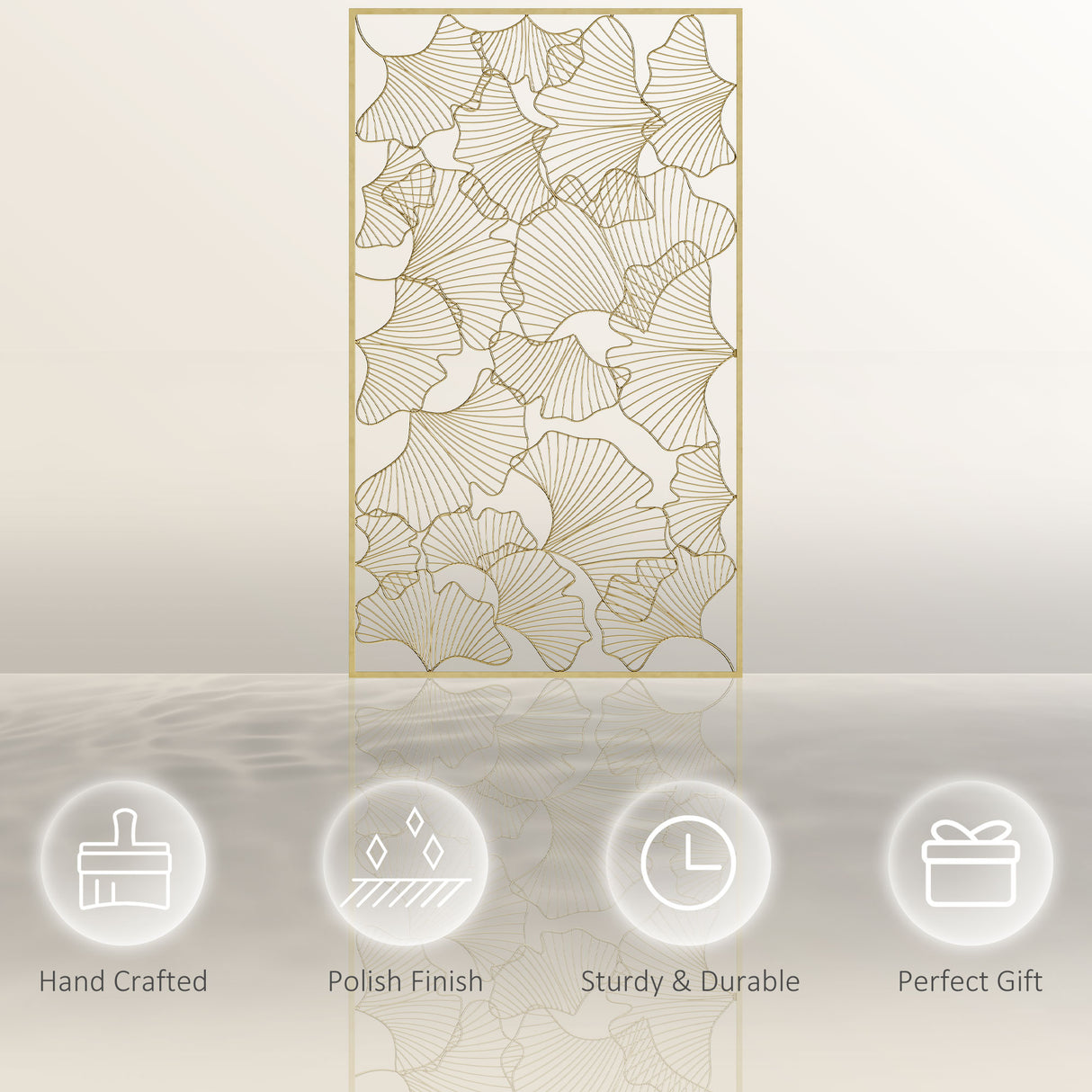 easycomfort easycomfort decorazione murale 3d rettangolare in metallo wall art dorata con cornice e foglie di ginkgo 50x85cm