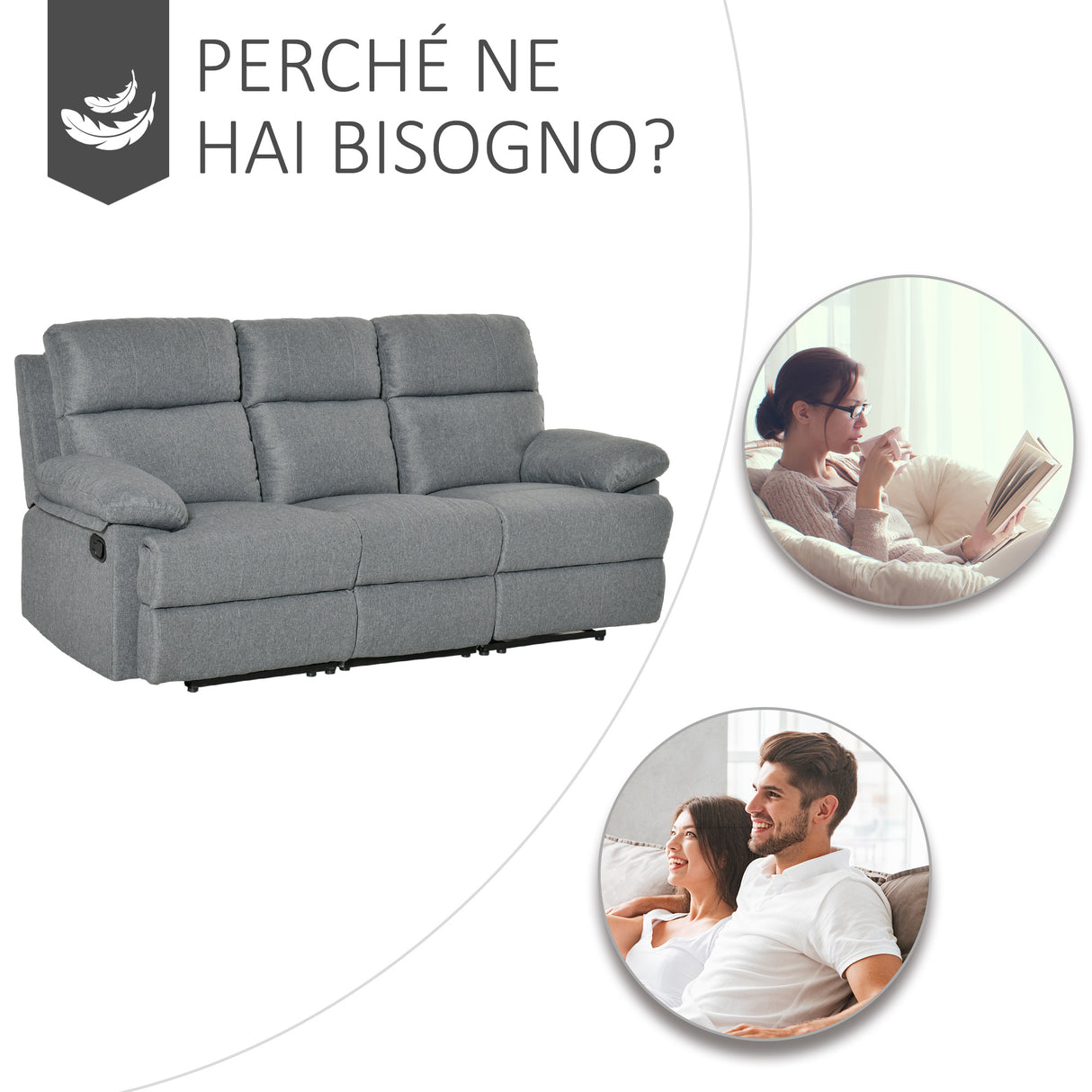 easycomfort easycomfort divano 3 posti con schienale e poggiapiedi reclinabili grigio antracite 198x86x97cm