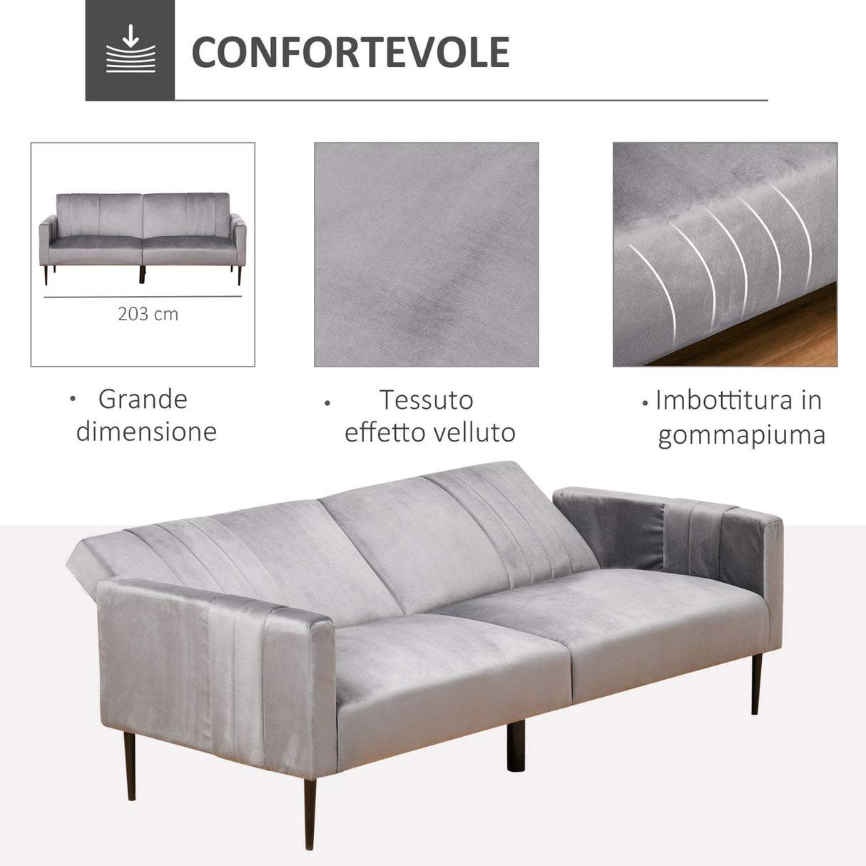 easycomfort easycomfort divano 3 posti con schienale reclinabile in velluto grigio ean 8055776916576