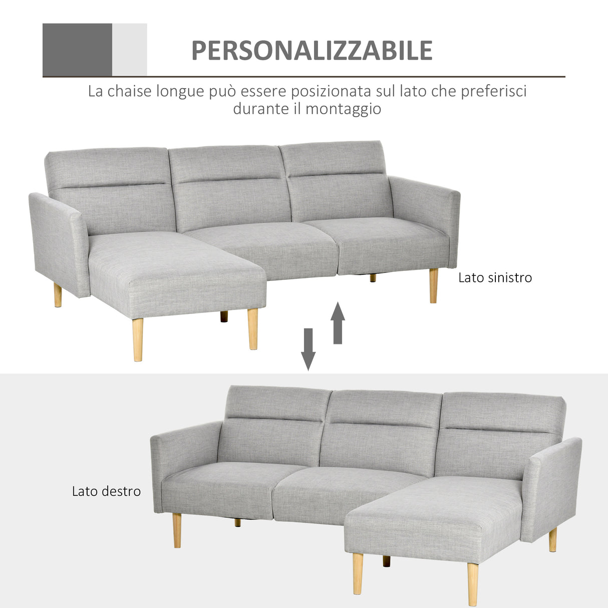 easycomfort easycomfort divano letto 3 posti divano angolare in tessuto grigio con schienale regolabile stile scandinavo 207x146x80cm