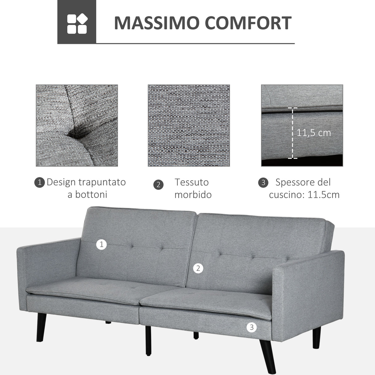 easycomfort easycomfort divano letto a 1 piazza in tessuto e seduta a 3 posti schienale a 3 reclinazioni 198x81x81cm grigio