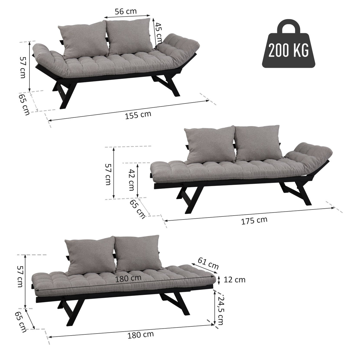 easycomfort easycomfort divano letto chaise longue in rovere nero e tessuto di lino grigio 155l x 65p x 57a cm ean 8054144138121