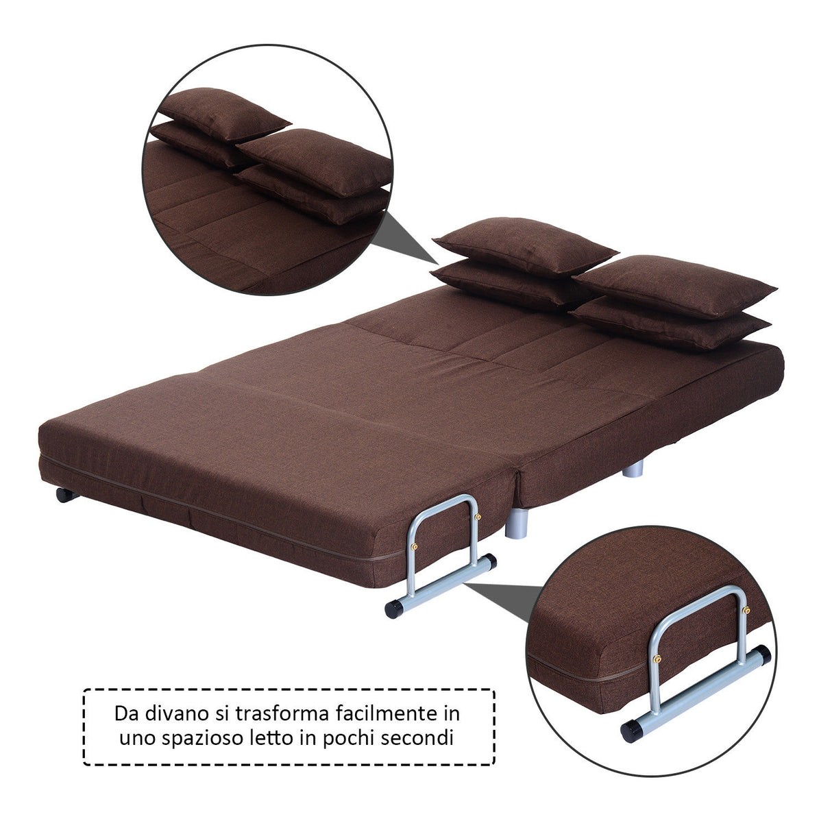 easycomfort easycomfort divano letto matrimoniale in acciaio e tessuto di poliestere con 4 cuscini marrone ean 8055776912554