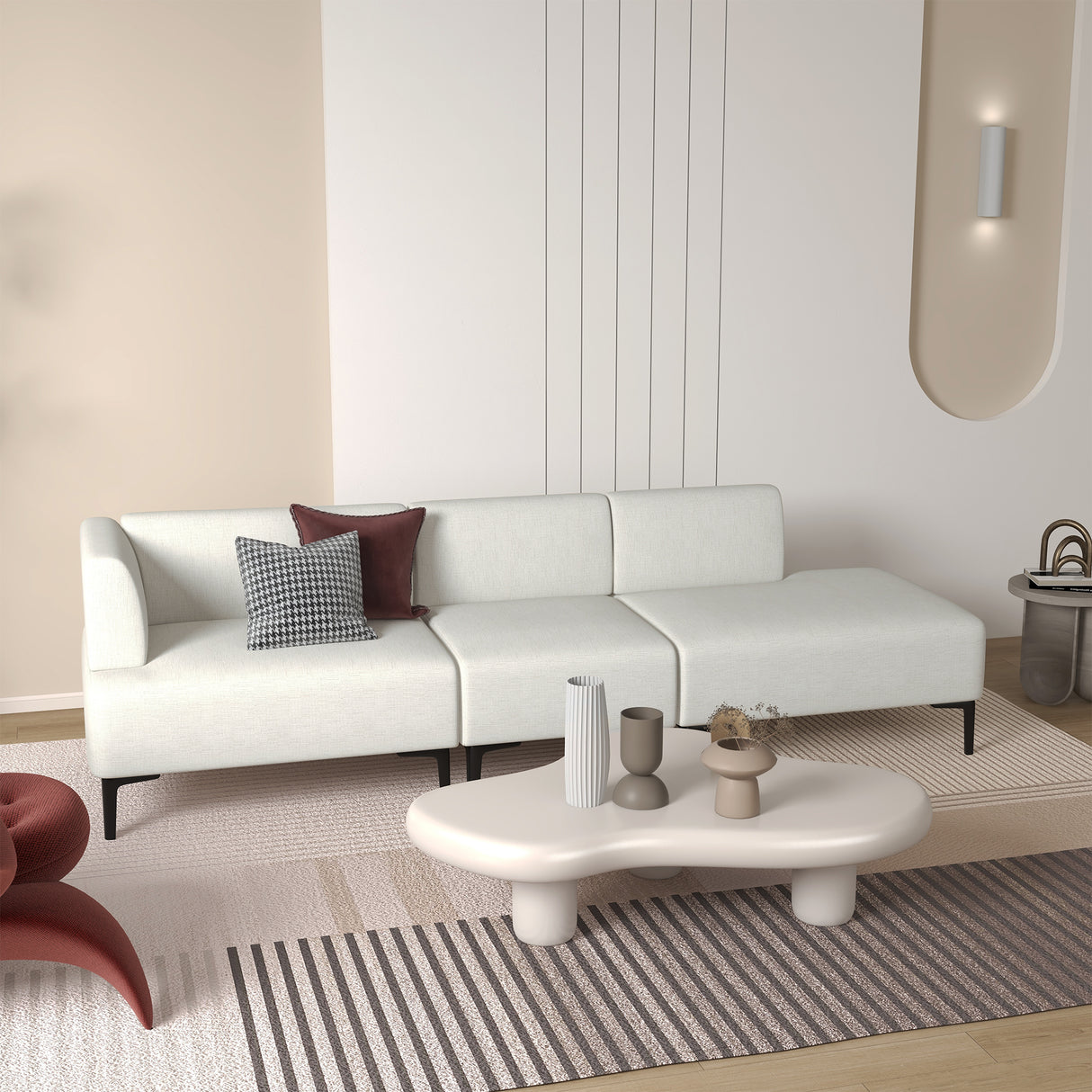easycomfort easycomfort divano moderno modulabile a 3 sezioni in tessuto con gambe in acciaio 250x75x70cm crema