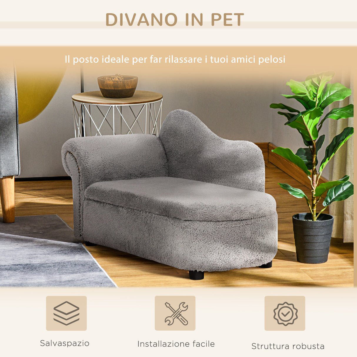 easycomfort easycomfort divano per cani e gatti con vano contenitore e rivestimento vellutato 80x40x46cm grigio scuro