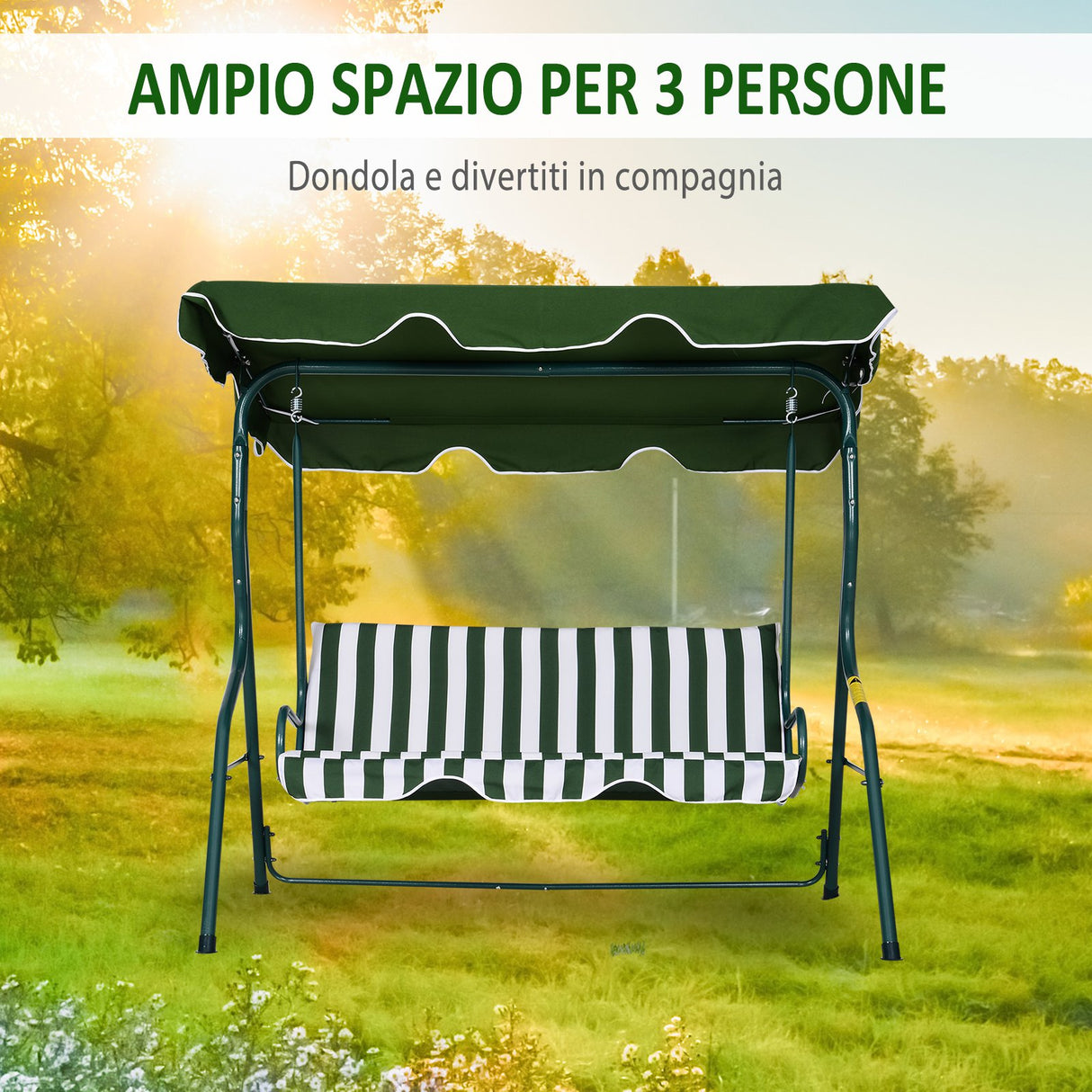 easycomfort easycomfort dondolo 3 posti in acciaio con tettuccio e imbottitura in tessuto a righe bianco e verde ean 8054144132563