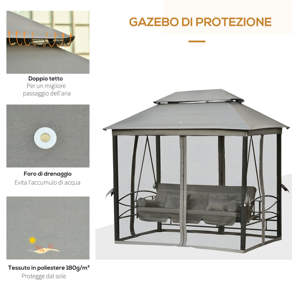 easycomfort easycomfort dondolo 3 posti reclinabile con copertura a gazebo zanzariera e cuscini grigio scuro