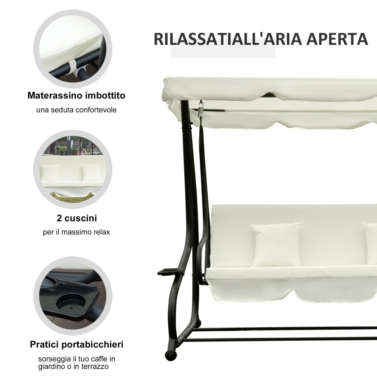 easycomfort easycomfort dondolo da giardino 3 posti convertibile in letto a dondolo con tetto regolabile 2 portabicchieri crema 200120164cm