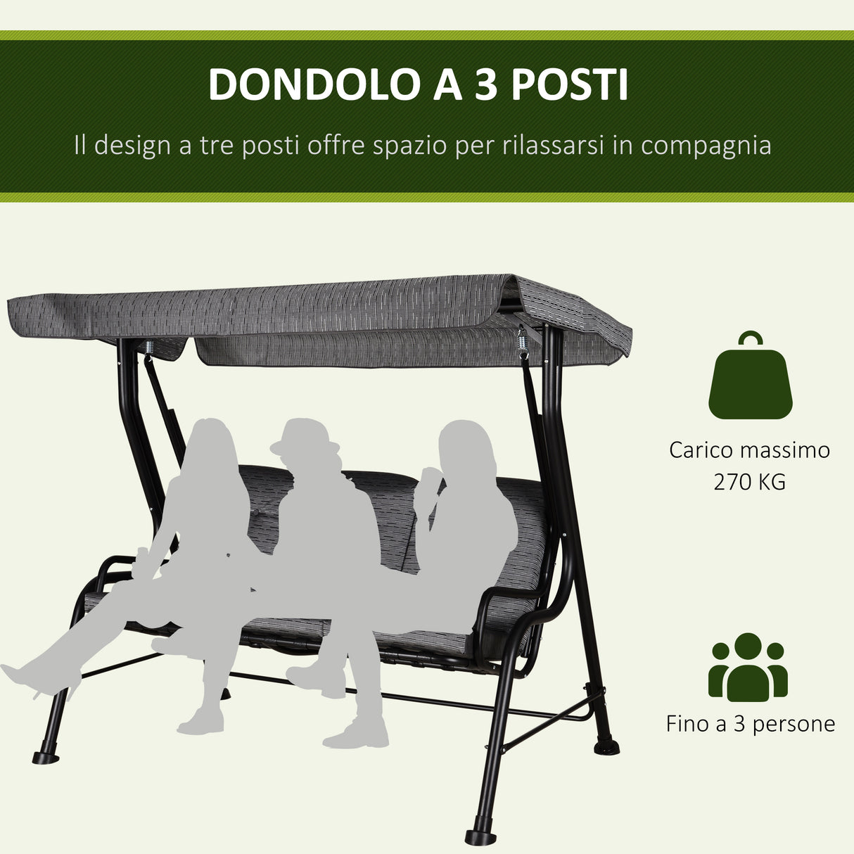 easycomfort easycomfort dondolo da giardino per 3 persone con tettuccio regolabile e cuscini 200x120x170cm nero