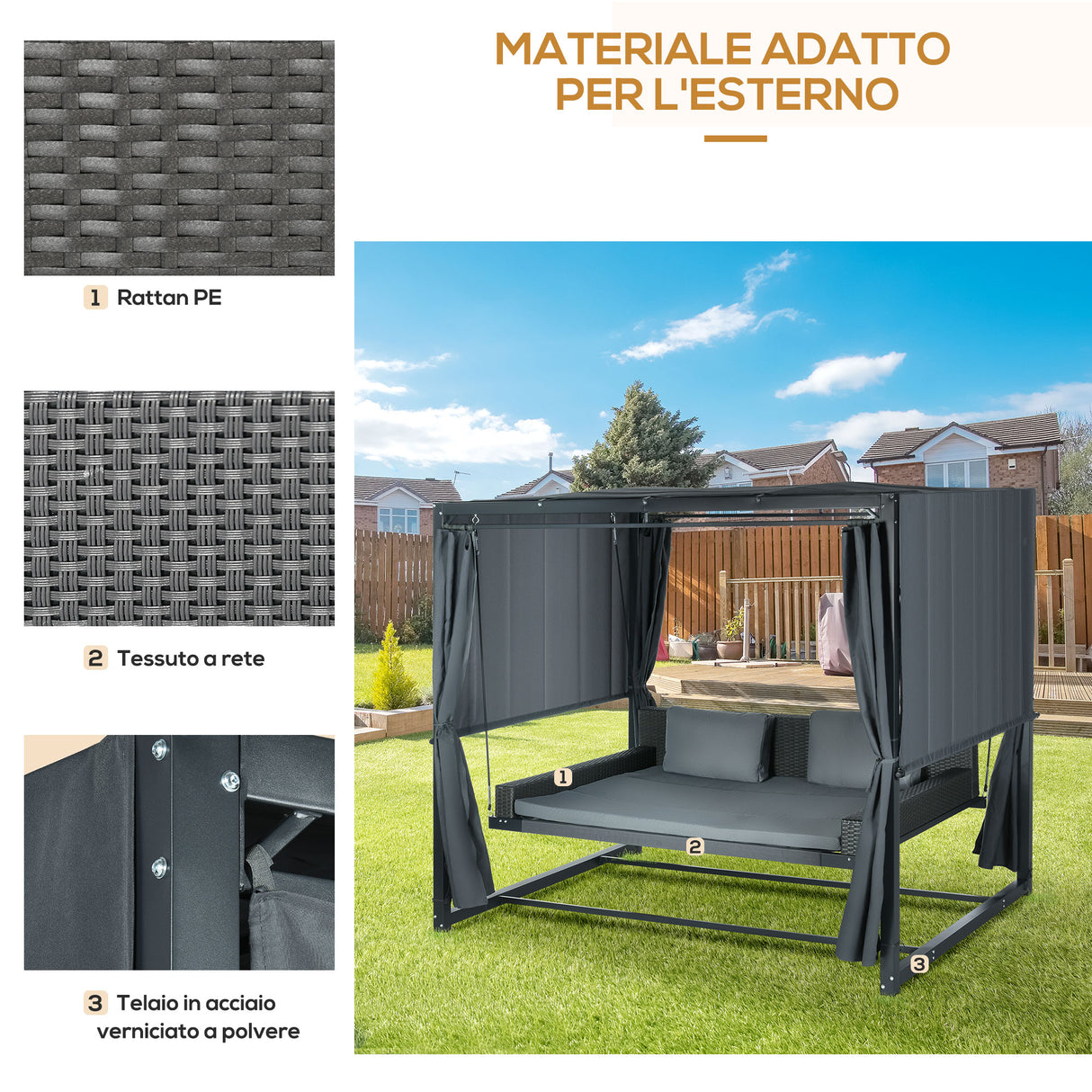 easycomfort easycomfort dondolo letto e pergola 3 in 1 con tetto regolabile e tende acciaio e rattan pe 235x150x210cm grigio scuro