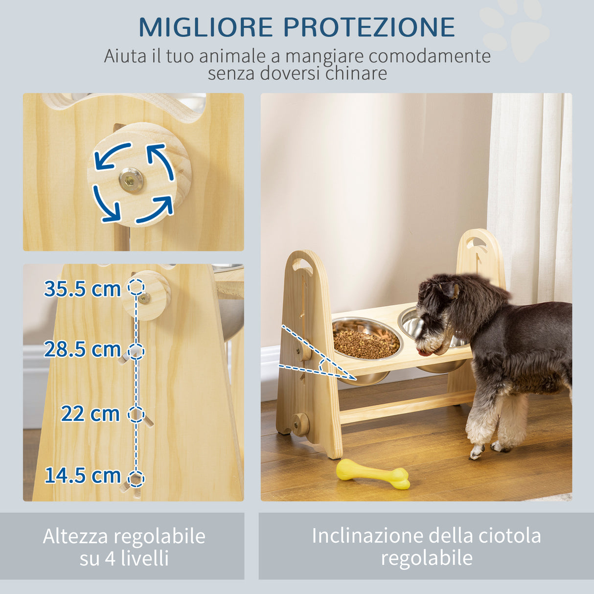 easycomfort easycomfort doppia ciotola per cani rialzata regolabile 2 ciotole in acciaio e base in legno per cani grandi e piccoli 49x25x41cm