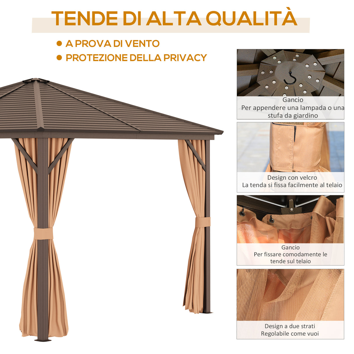 easycomfort easycomfort gazebo da giardino 3x3m in alluminio con zanzariera tende laterali e tetto rigido marrone