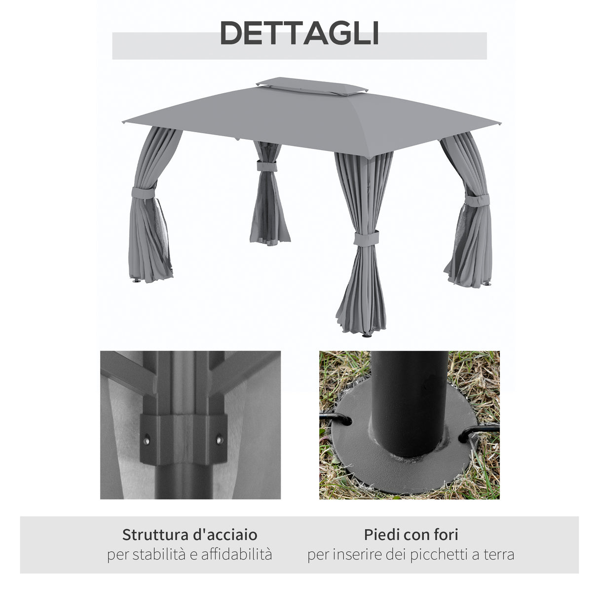 easycomfort easycomfort gazebo da giardino 4x3m con doppio tettuccio pareti in poliestere e struttura in acciaio grigio