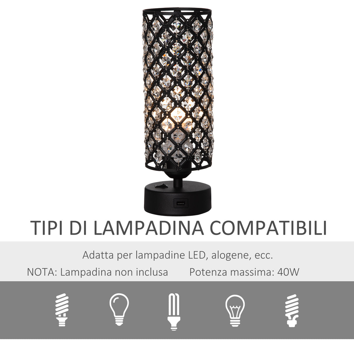 easycomfort easycomfort lampada da tavolo con paralume in cristallo e 2 porte usb luce regolabile 10 8x30cm nero
