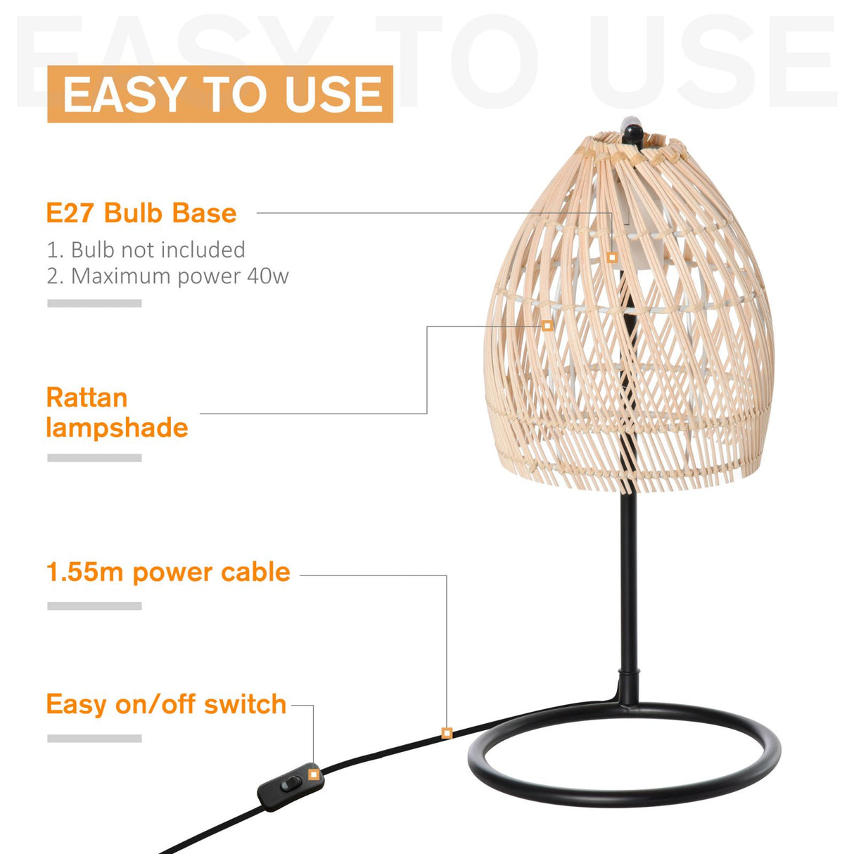 easycomfort easycomfort lampada da tavolo in rattan attacco e27 potenza max 40w 20x41cm beige