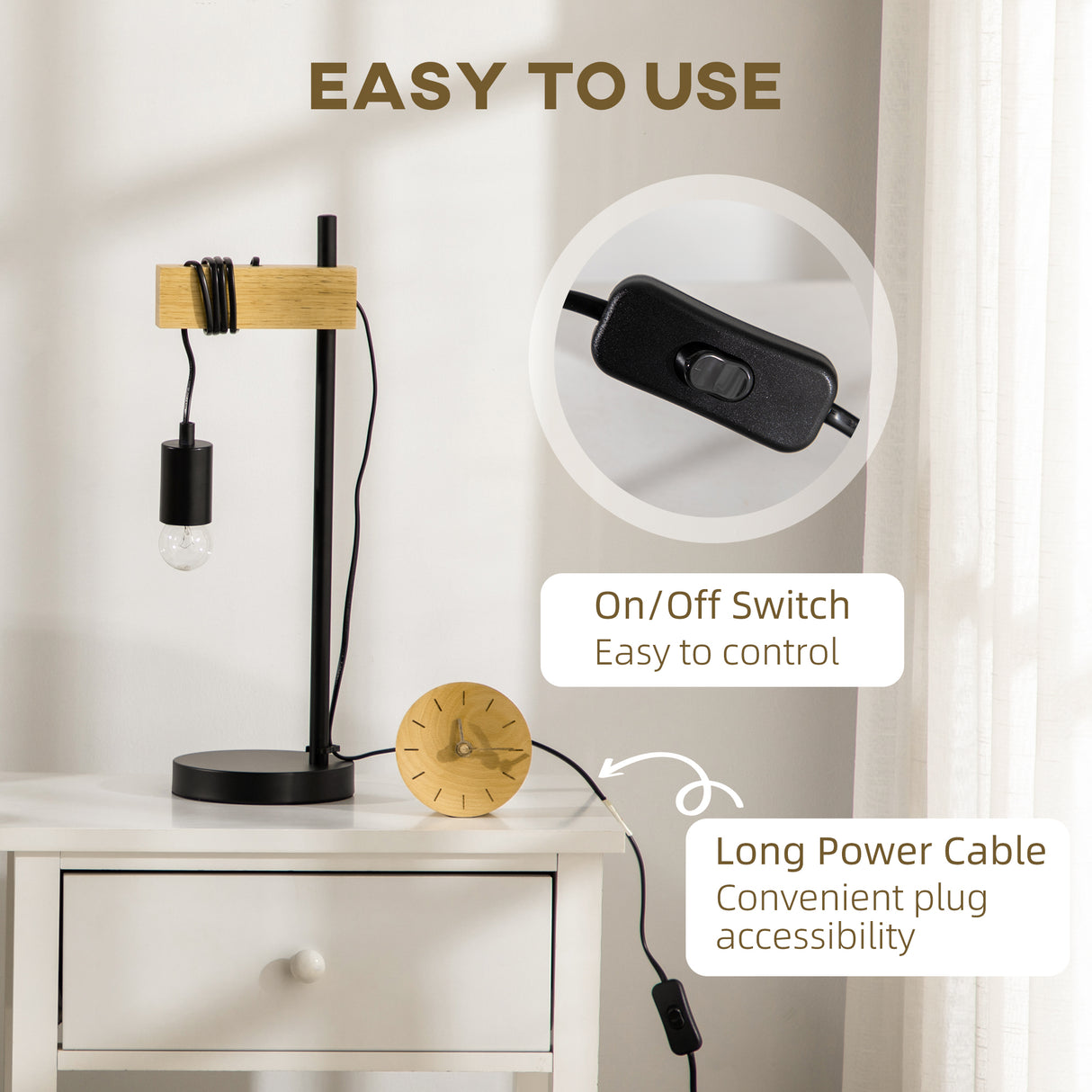 easycomfort easycomfort lampada da tavolo in stile industriale in legno e acciaio senza paralume nero e naturale