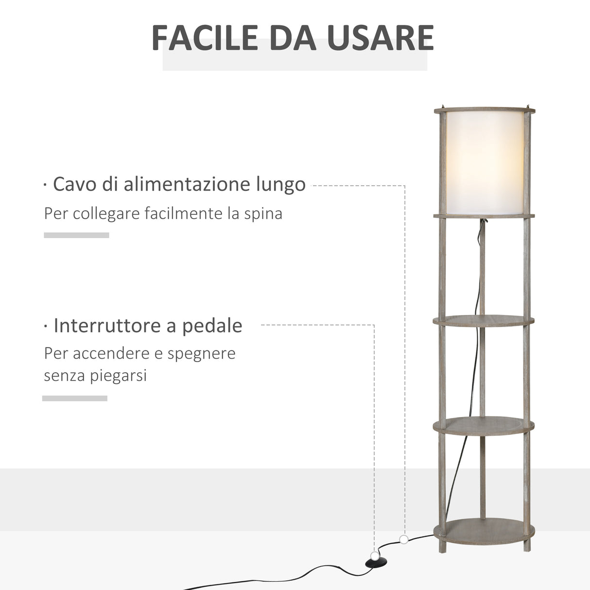 easycomfort easycomfort lampada da terra a 3 ripiani con interruttore a pedale in legno di pino e pvc 35x35x154 cm