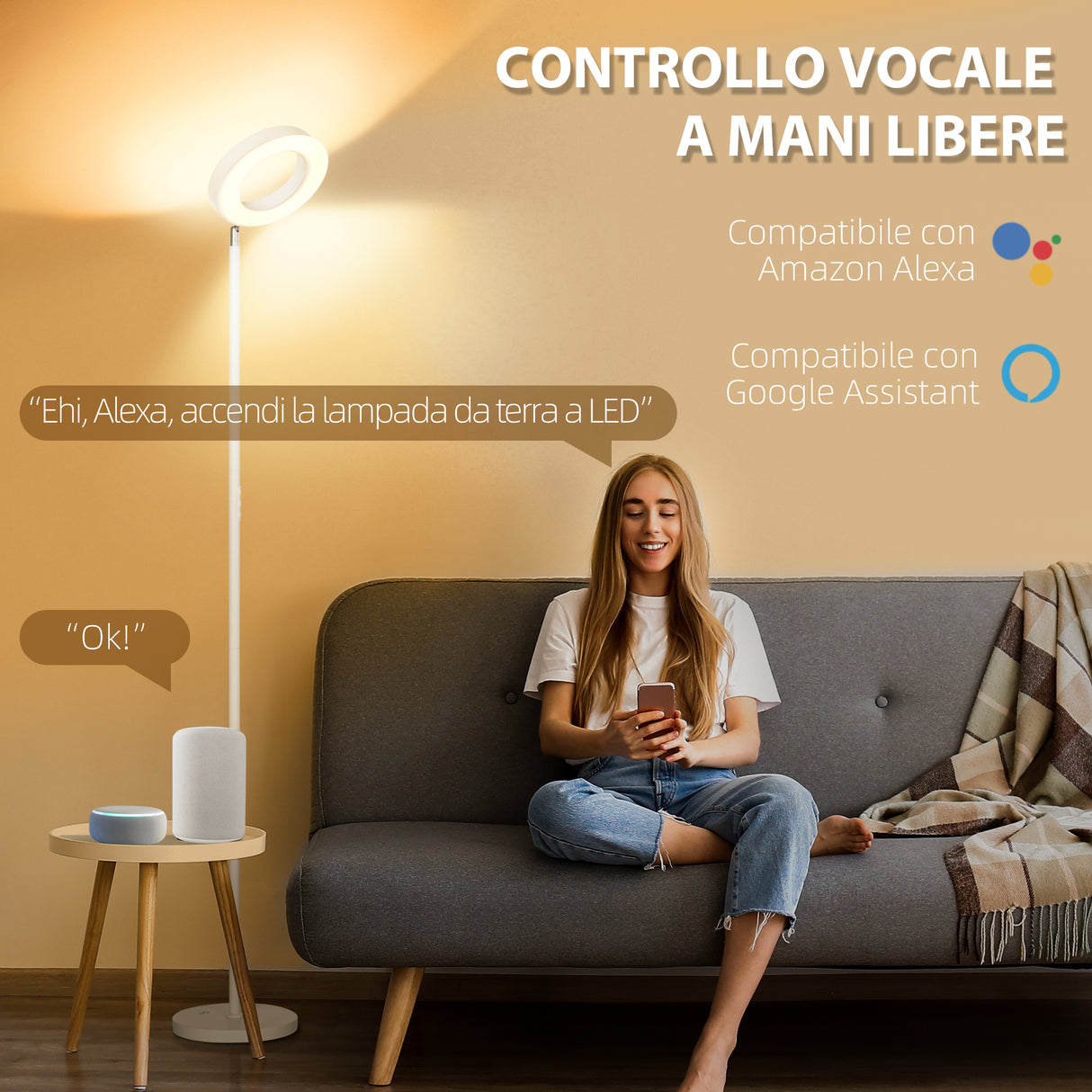 easycomfort easycomfort lampada da terra compatibile con alexa e google home con luce rgb in acciaio 25x168 cm bianca