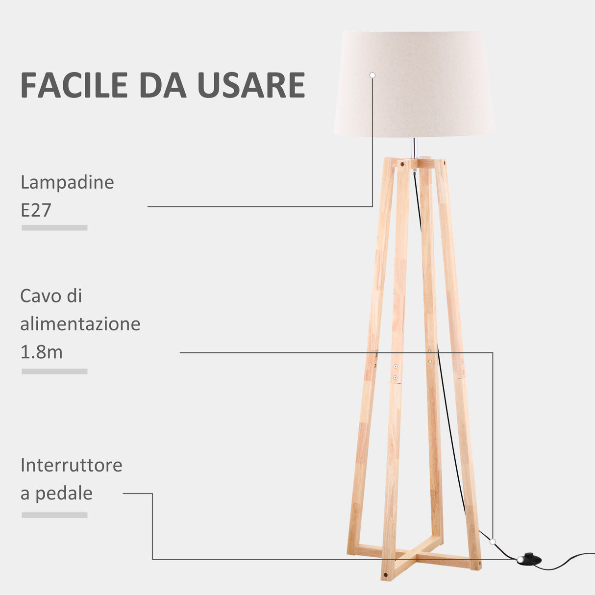 easycomfort easycomfort lampada da terra con base in legno e paralume in tessuto e27 40w 44x149cm biancolegno