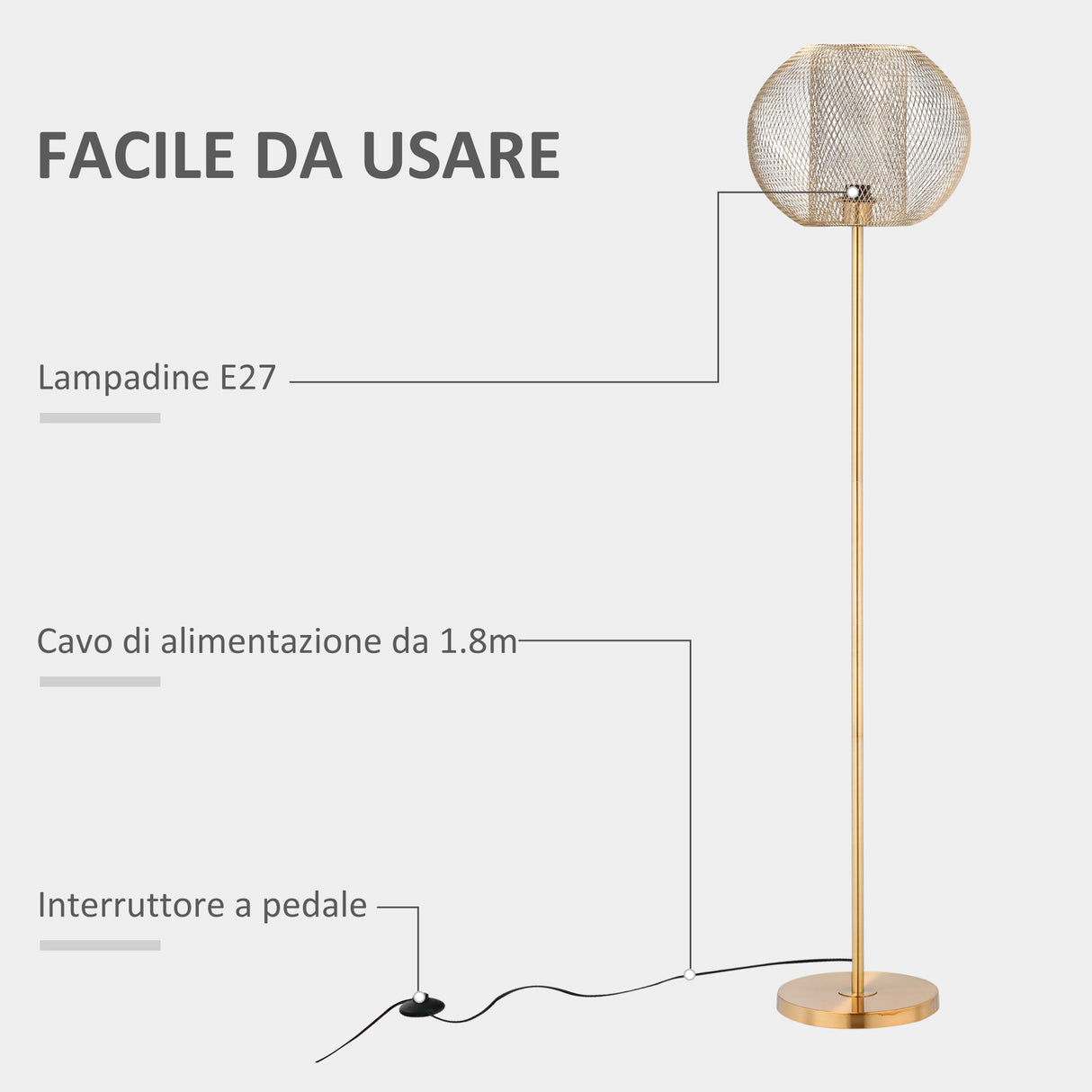 easycomfort easycomfort lampada da terra moderna in metallo con paralume dal design sferico e27 40w 35x150cm oro