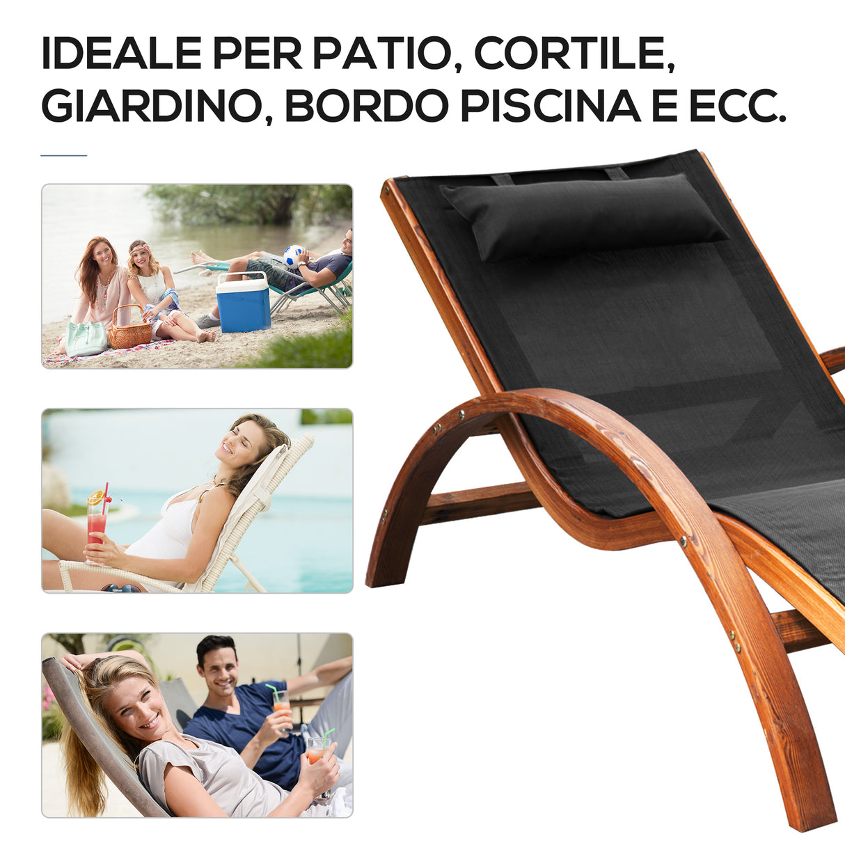 easycomfort easycomfort lettino prendisole chaise longue con poggiatesta in legno e tessuto a rete 165x72x86cm nerolegno