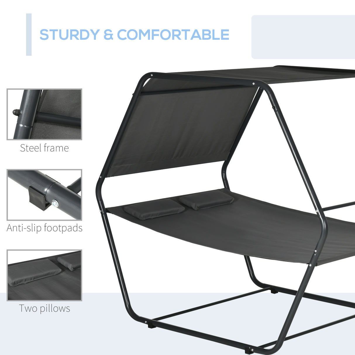 easycomfort easycomfort lettino prendisole reclinabile a 2 posti in acciaio con cuscino e tetto parasole 210x140x177 cm grigio