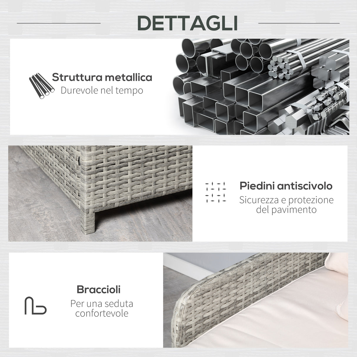 easycomfort easycomfort lettino prendisole sdraio da giardino 2 posti in rattan pe struttura in acciaio con braccioli e cuscini imbottiti 158x134x70cm grigio